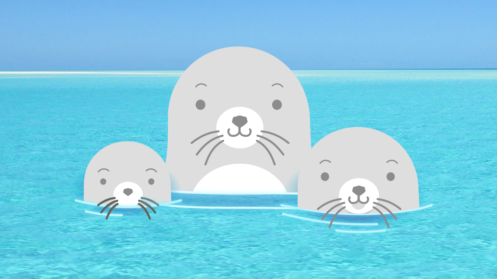 3 cartoon seals - the same from the podman logo - in a flat, greyscale, artwork style popping their heads out of a photo of cerulean water with a flat horizon behind them.