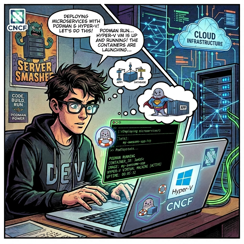 Developer using laptop with Podman and Hyper-V to deploy microservices